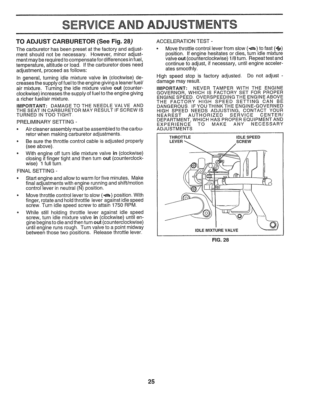 Craftsman 917.25651 owner manual To Adjust Carburetor See Fig, Preliminary Setting, Final Setting, Acceleration Test 