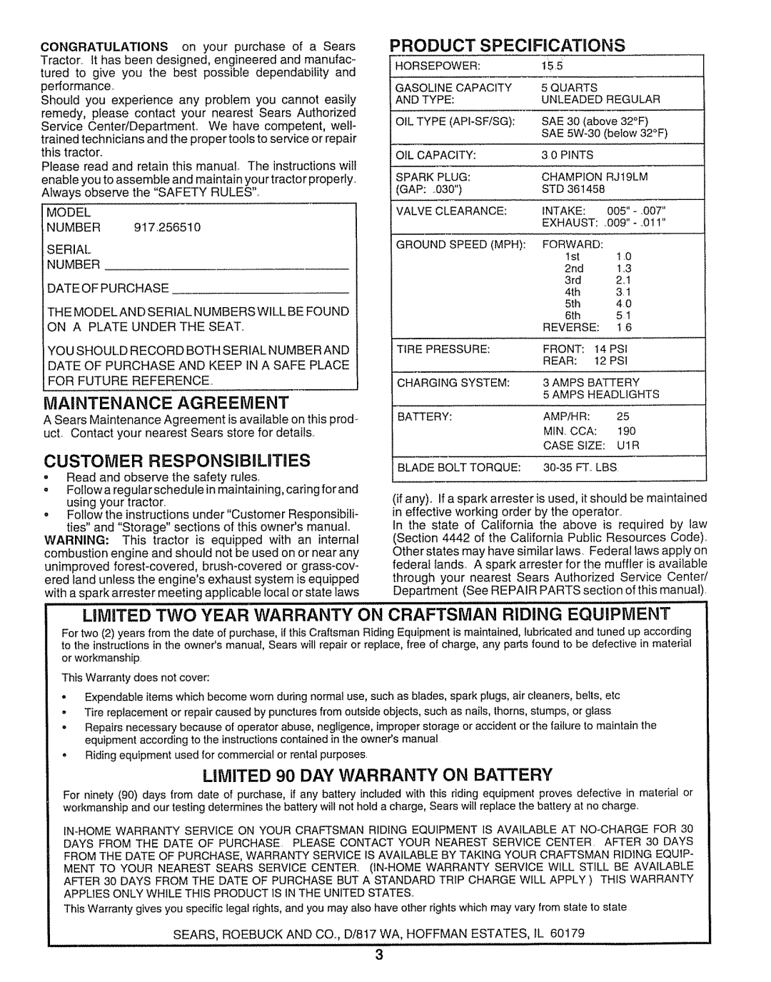 Craftsman 917.25651 Maintenance Agreement, Product Specifications, Limited 90 DAY Warranty on Battery, Model 