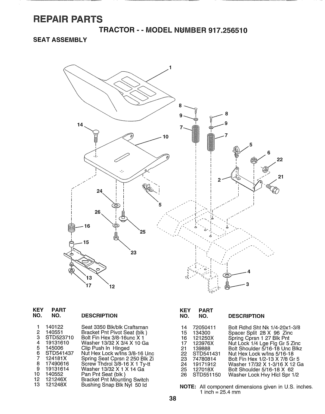 Craftsman 917.25651 owner manual Tractor - Model Npjmber, Seat Assembly, Inches 