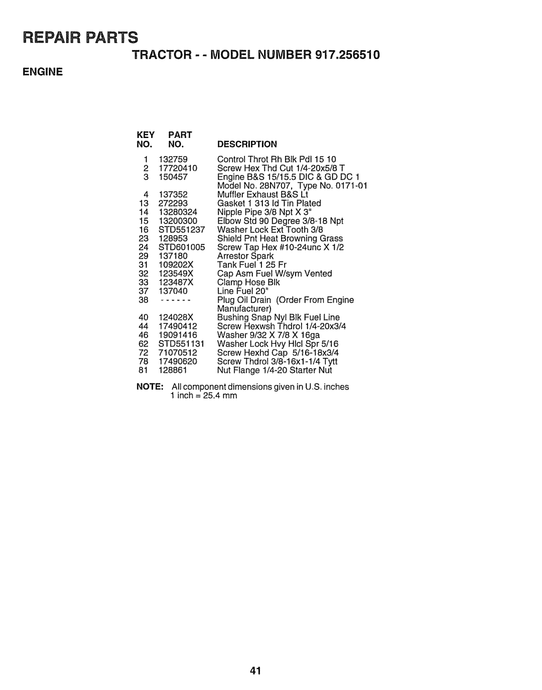 Craftsman 917.25651 owner manual Repair Parts 