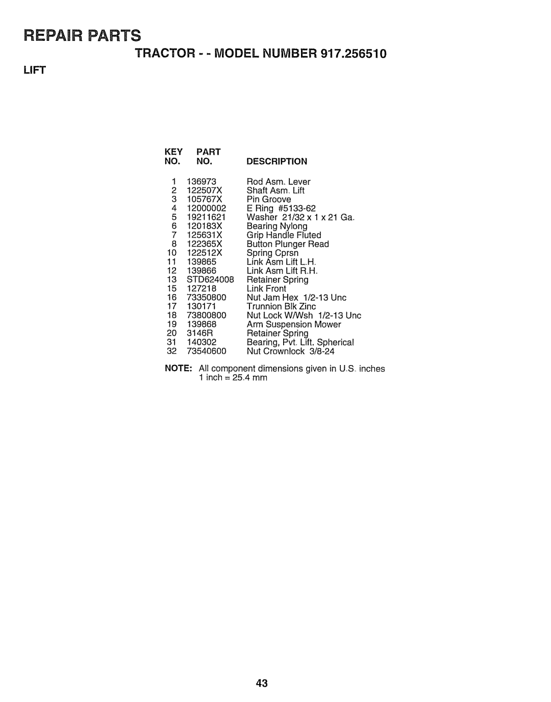 Craftsman 917.25651 owner manual Tractor - Model Number 917,256510, Lift L.,H 