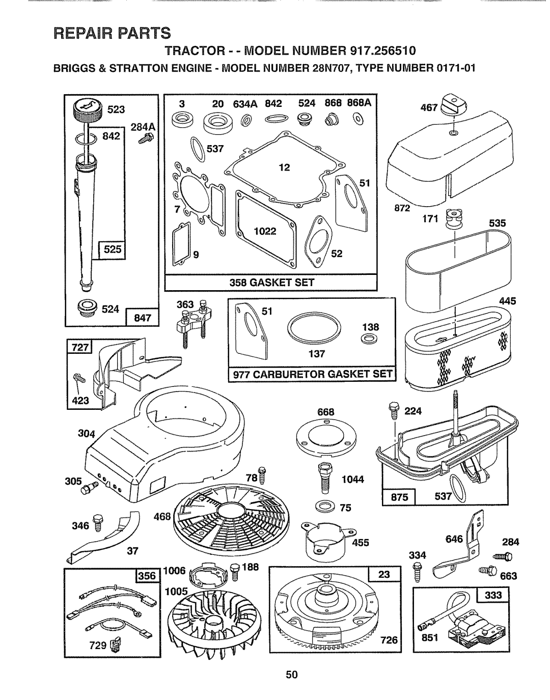 Craftsman 917.25651 owner manual Briggs & Stratton Engine Model, Carburetor Gasket SET 