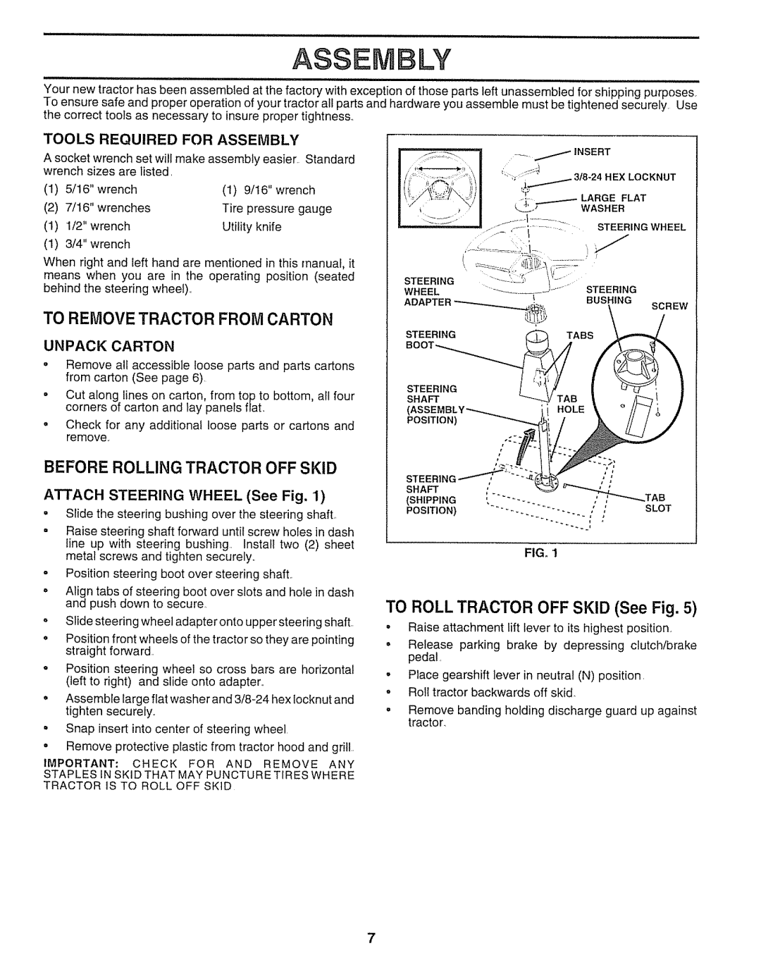 Craftsman 917.25651 To Remove Tractor from Carton, Before Rolling Tractor OFF Skid, Tools Required for Assembly 