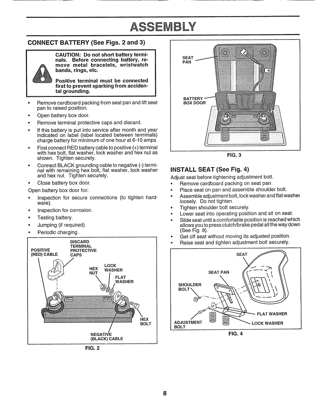 Craftsman 917.25651 owner manual Assembly, Connect Battery See Figs, Install Seat See Fig 