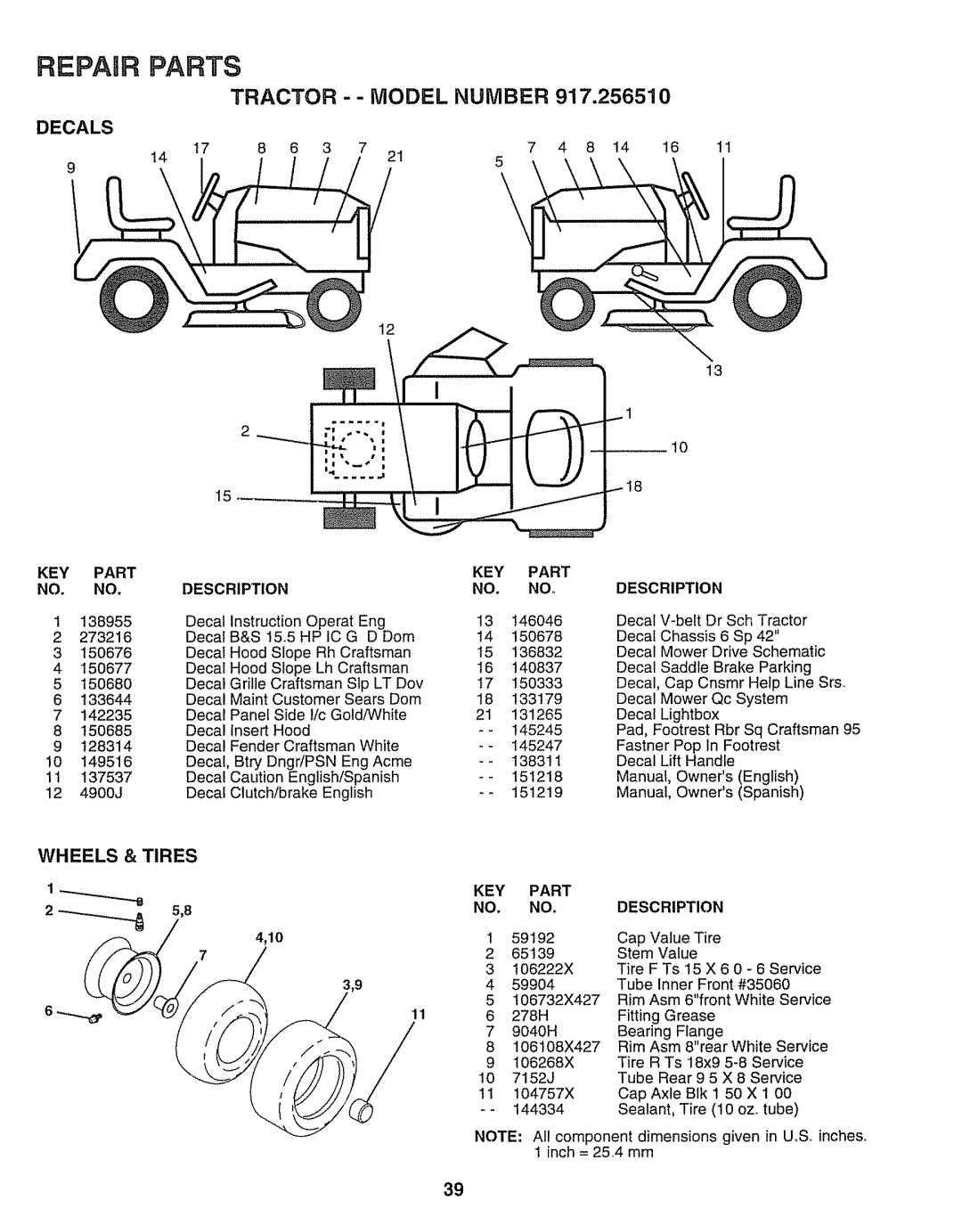 Craftsman 917.25651 owner manual Reparrparts, Tractor -- Model Number, Description, insert Hood, Key Part 