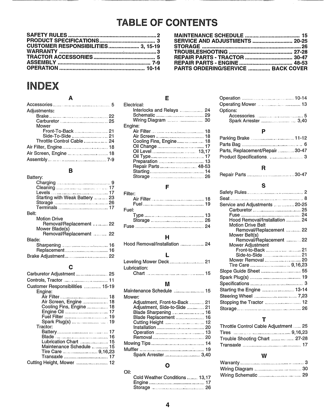 Craftsman 917.25651 owner manual Index, Table Of Contents 