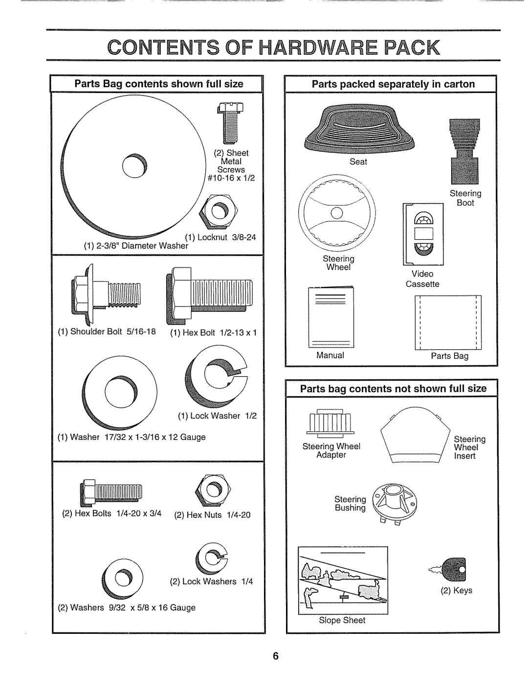 Craftsman 917.25651 Contents Of Hardware Pack, Parts packed separately in carton, Parts bag contents not shown full size 