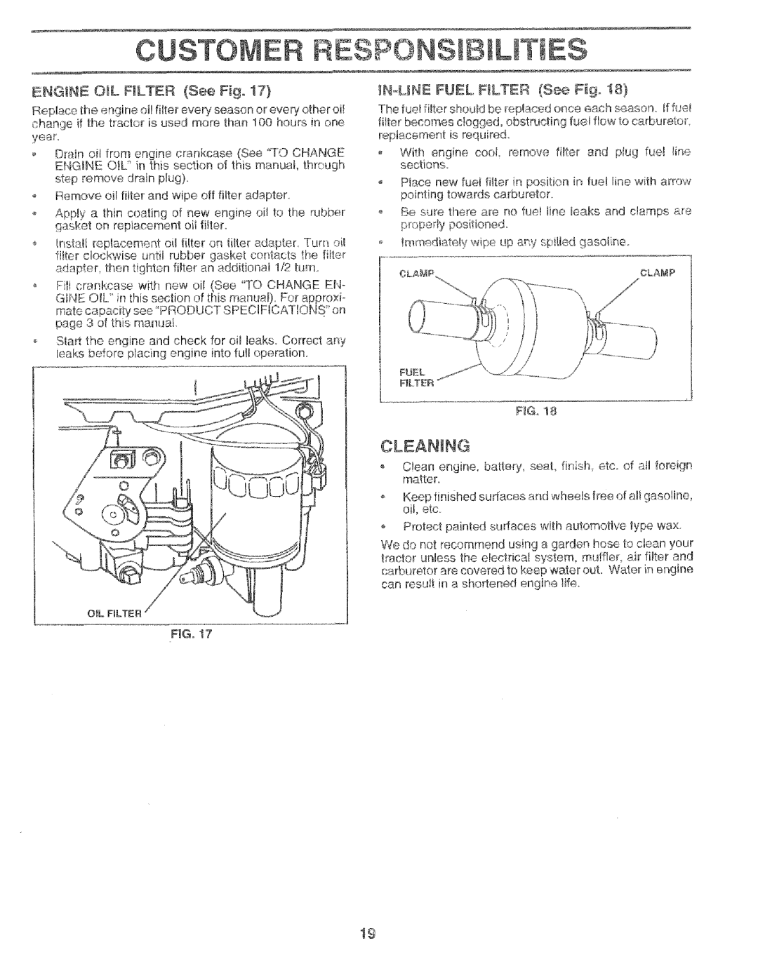 Craftsman 917.256544 owner manual Engine OL Filter See Fig, Cleaning, NoLNE Fuel Rlter See Fg 