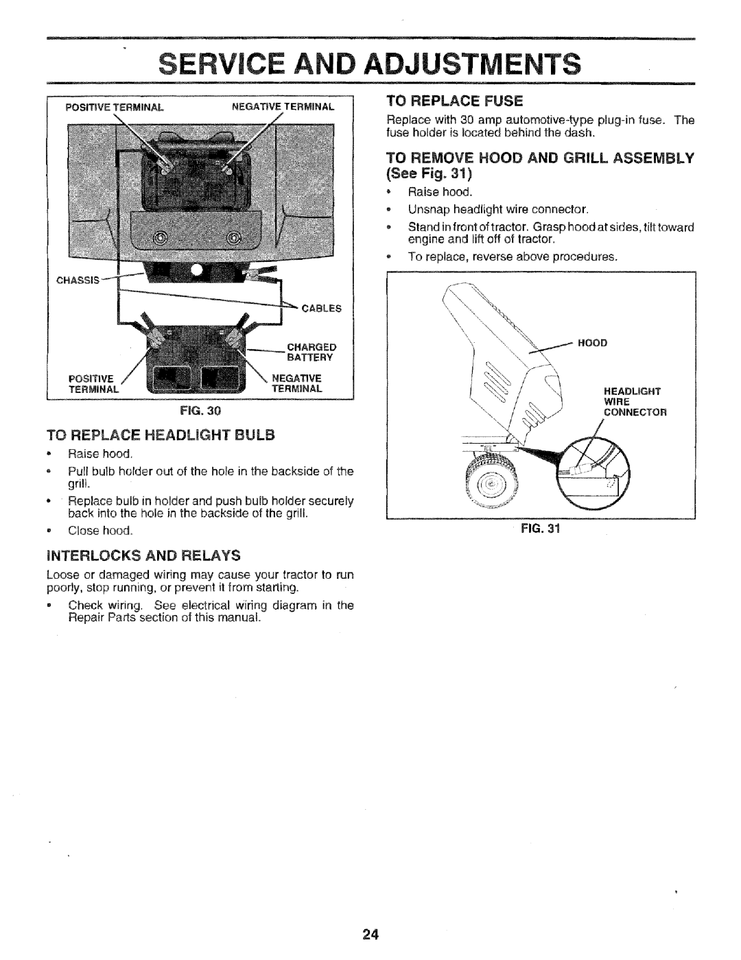 Craftsman 917.256544 Service Adjustments, Positweterminal Negatdveterminal, To Replace Headlight Bulb, To Replace Fuse 