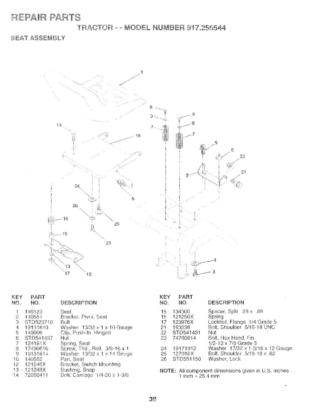 Craftsman 917.256544 owner manual FL&O @R !OEEL NU , BBR 9!7o25 s544, Seat Assesbly, KEY Part Desgrptio 