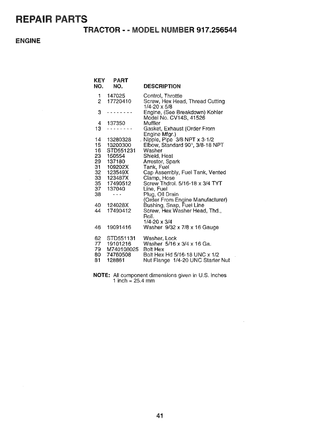 Craftsman 917.256544 owner manual Engine, KEY Part Description 