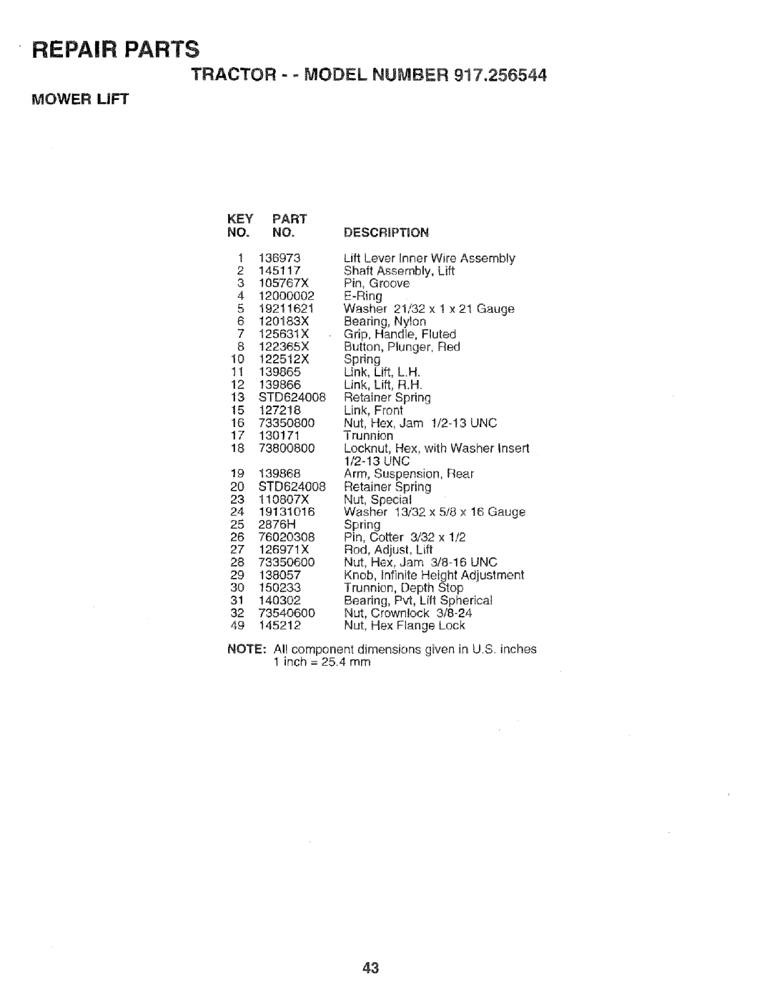 Craftsman 917.256544 owner manual Tractor - Model Number, Mower Lift, Key, Part Description 