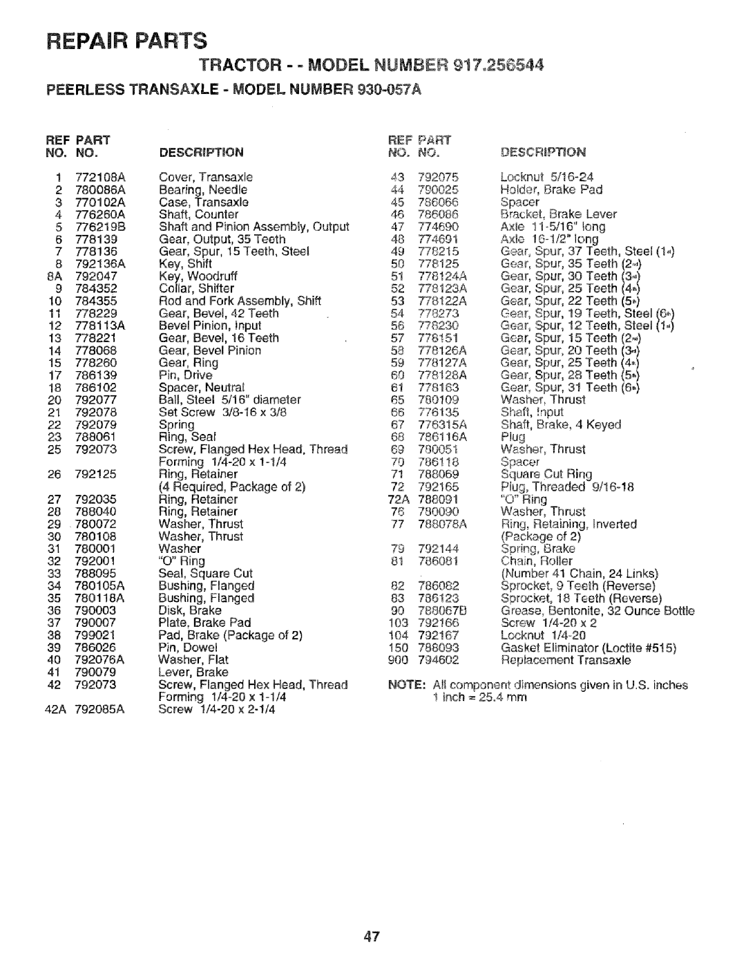 Craftsman 917.256544 owner manual Tractor = Model Number 917o256544, REF Part, Part NO. no Description 