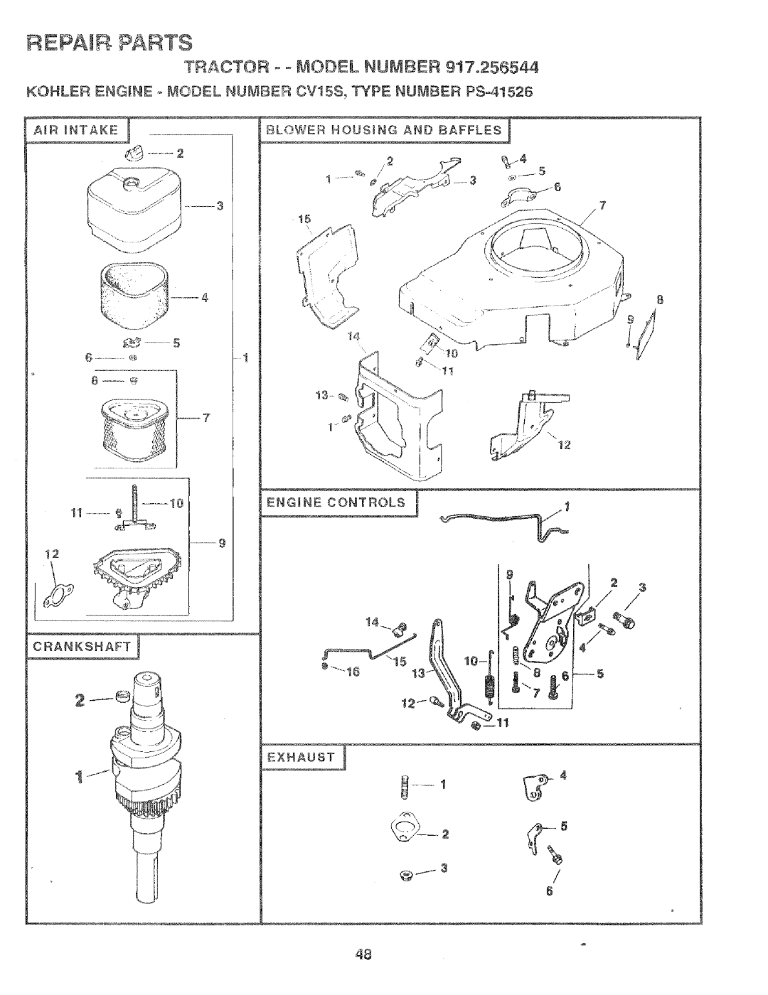 Craftsman 917.256544 owner manual Kohler Engine o Model Number CV15S Type Nubiber PS-41526, BL..WER Hous Anksnaft 