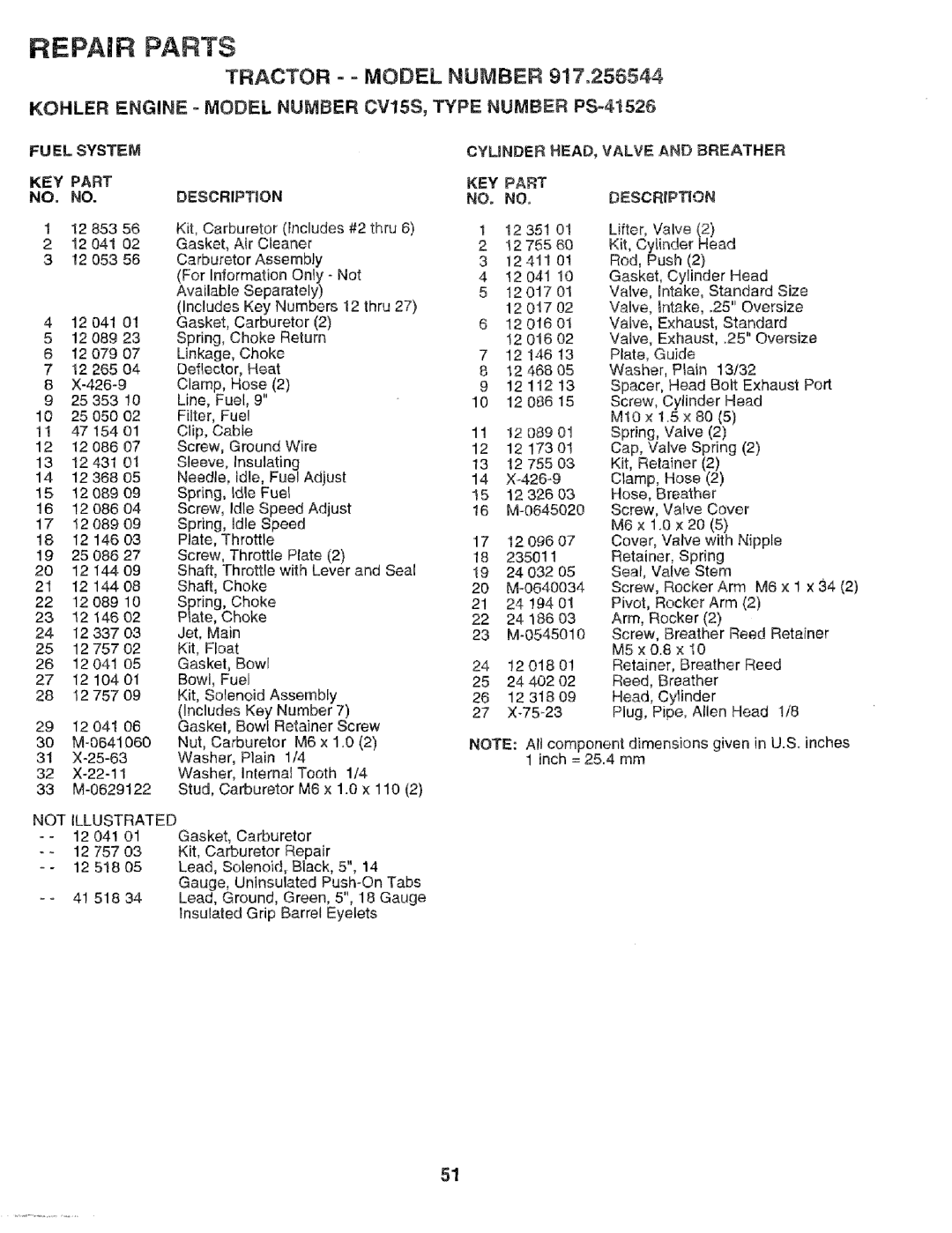 Craftsman 917.256544 Kohler Engine = Model Number CV15S, Type Number PS-41526, FU EL System, Cymnder HEAD, Valve Breather 