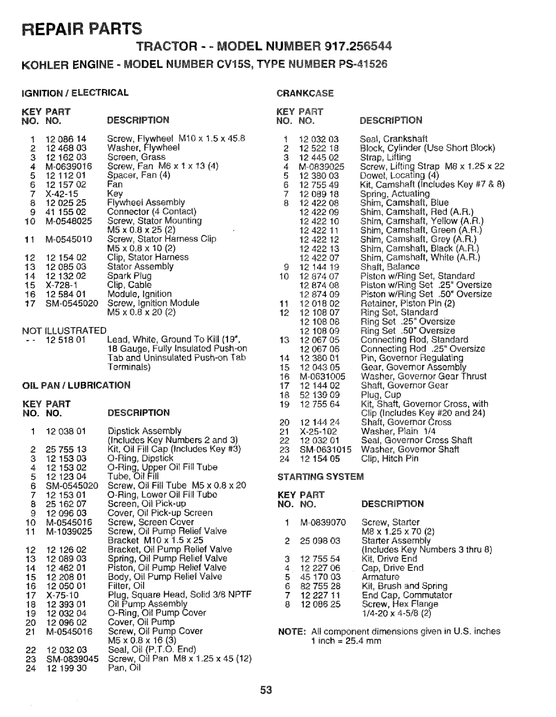 Craftsman 917.256544 Kohler Engine Model Number CV15S, Type Number PS-41526, KEY Part DESCRIPT!ON, KEY Part NO. no 