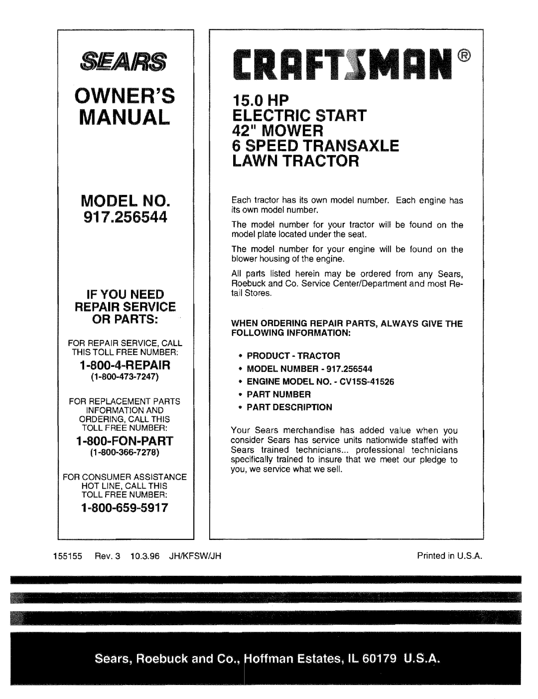 Craftsman 917.256544 owner manual Fon-Part, For Repair SERVICE, Call This Toll Free Number, Part Number Part Description 