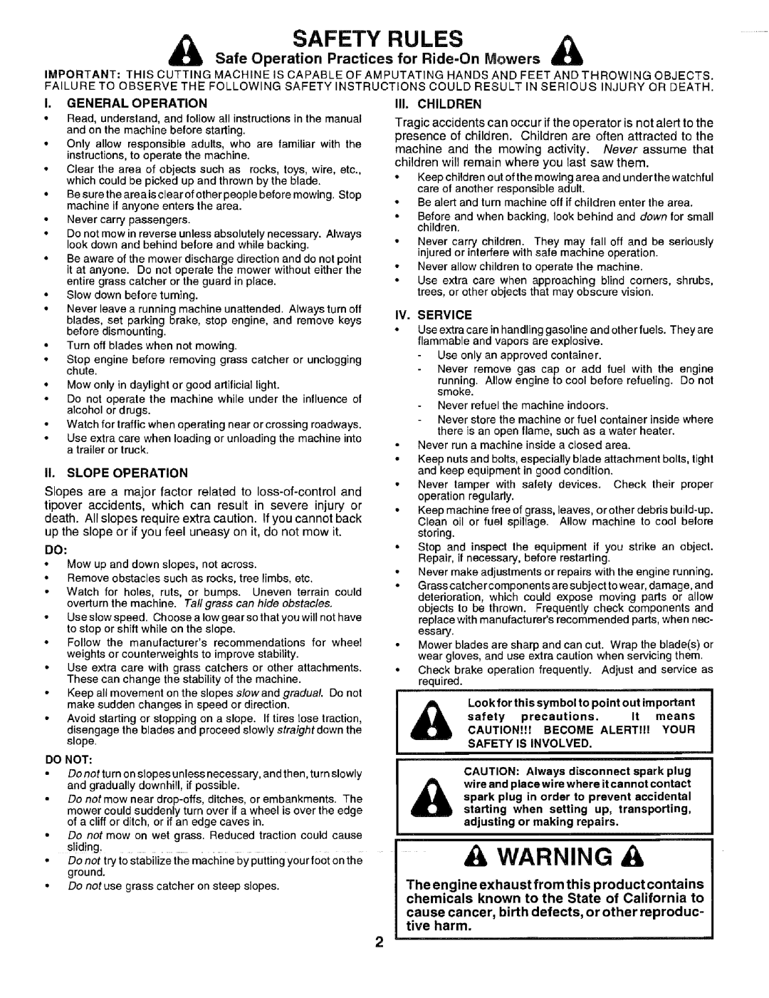 Craftsman 917.256544 owner manual Warning, Safety Rules, Safe Operation Practices for Ride-On Mowers 