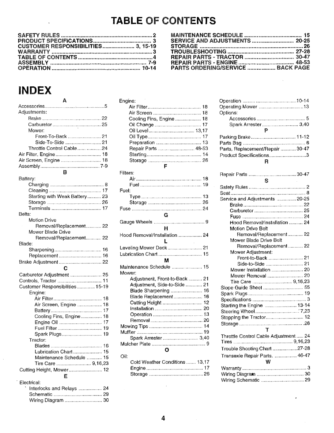 Craftsman 917.256544 owner manual Table Of Contents, Index 