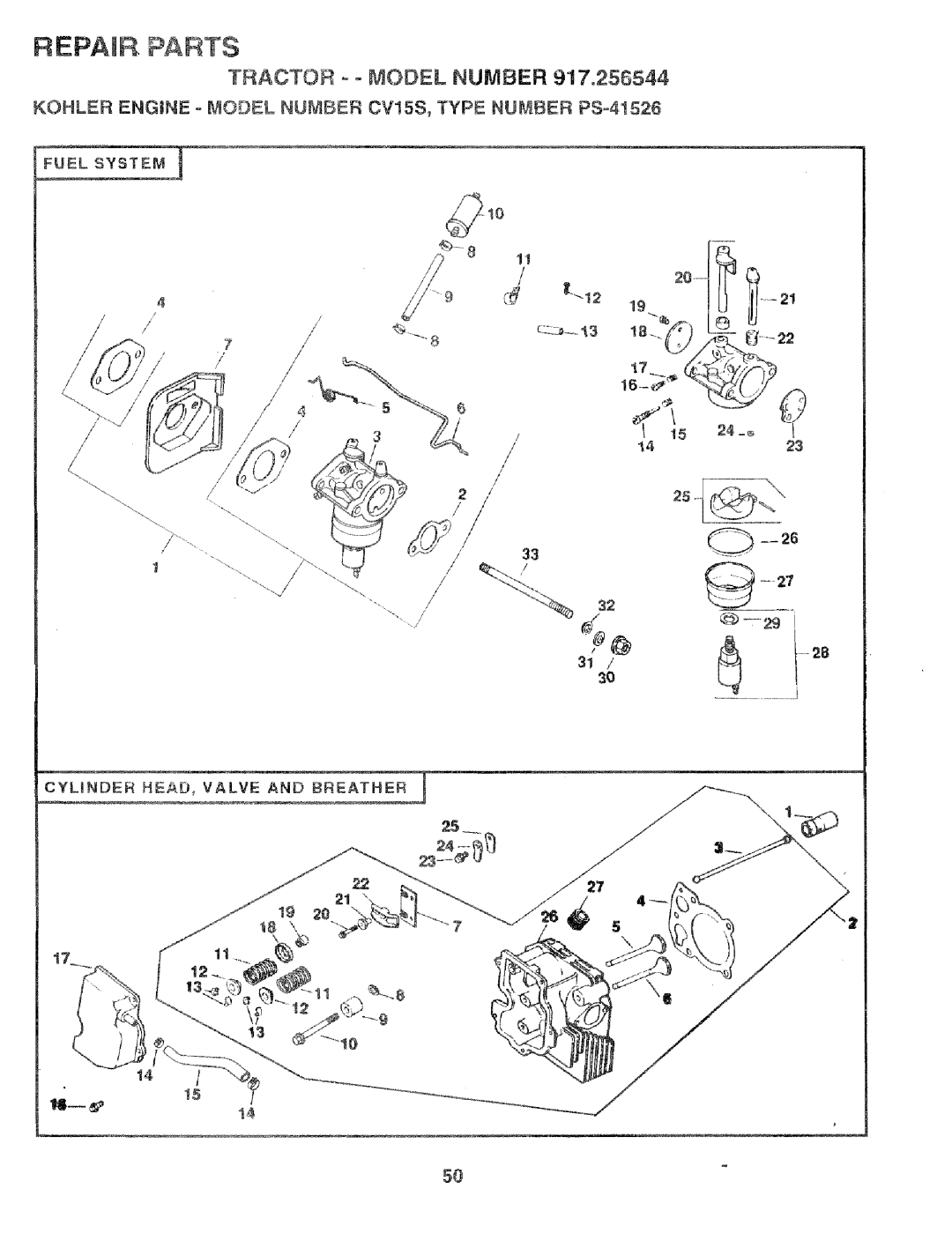 Craftsman 917.256544 owner manual Tractor - = Model Number, 24 __, 26 27, _5--- 29, REPAmR PARTS, Fuel System, 19 18-._ 