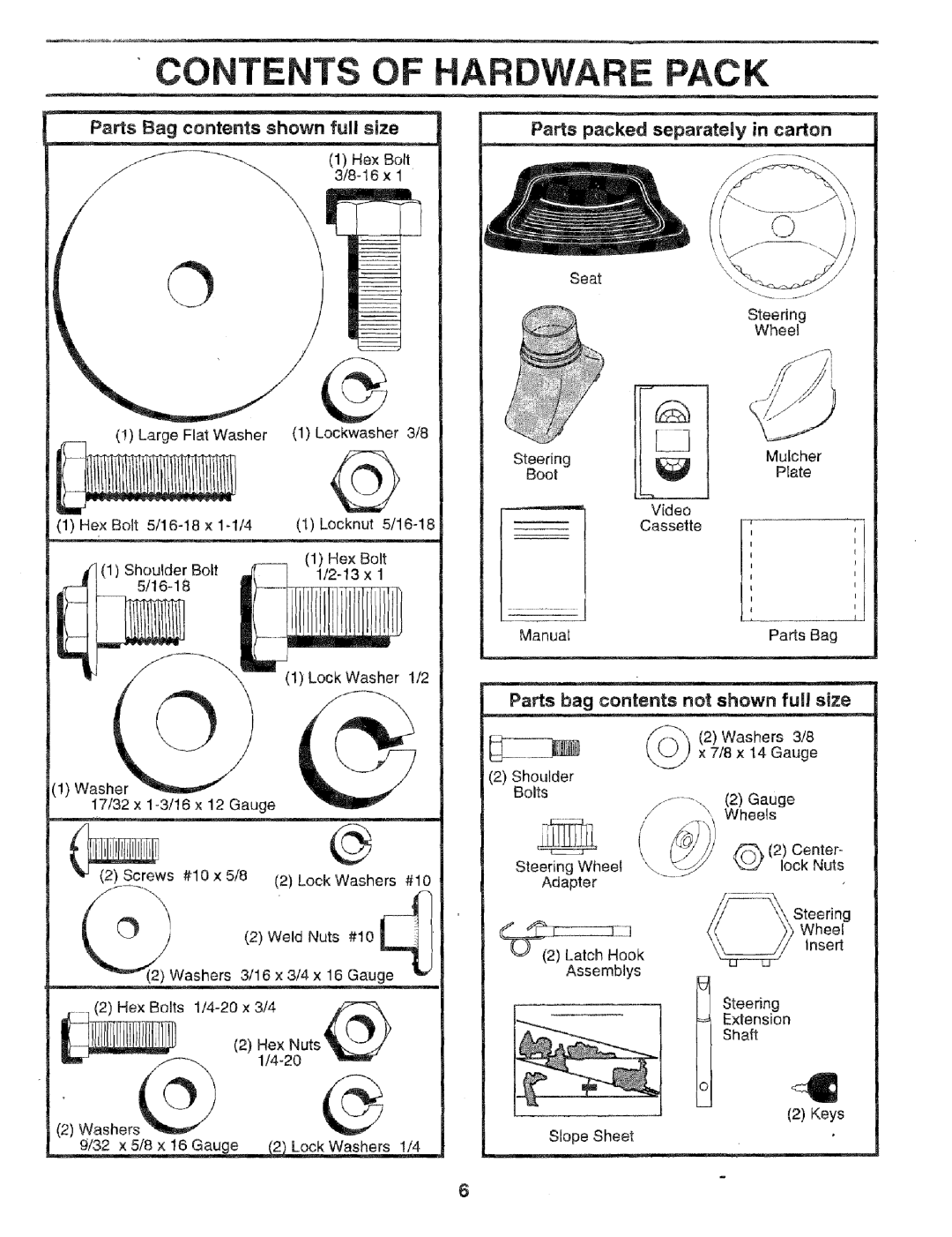 Craftsman 917.256544 owner manual Contents Of Hardware. Pack, Parts Bag contents shown full size 
