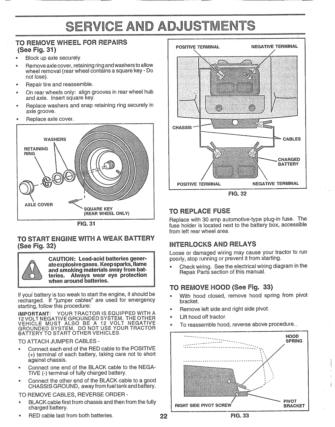 Craftsman 917.25693 owner manual To Remove Wheel for REPAnRS, To Replace Fuse, To Start Engine WtfTH a Weak Battery See Fig 