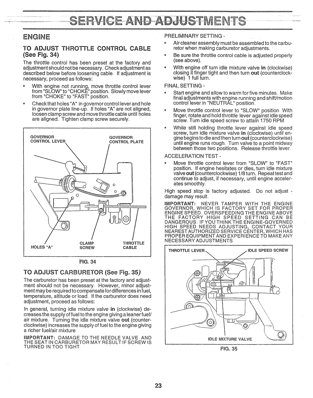 Craftsman 917.25693 owner manual Engbne, To Adjust Throttle Control Cable, To Adjust Carburetor See Fig 