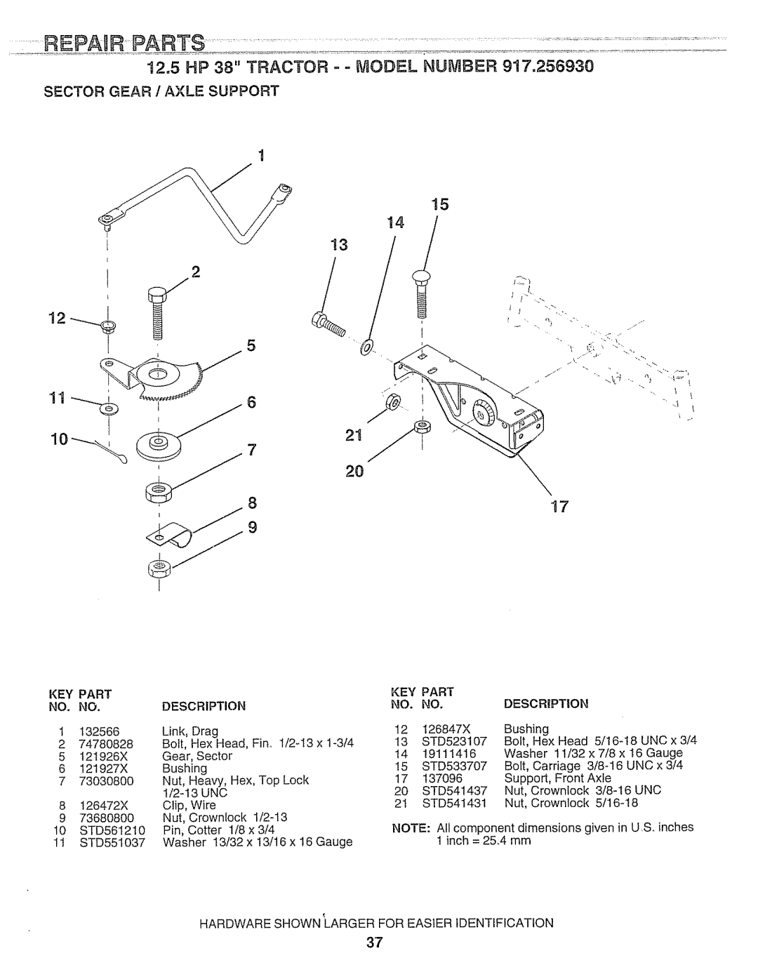 Craftsman 917.25693 owner manual 116, Sector Gear 1 Axle Support, Key, Part Descrbption 