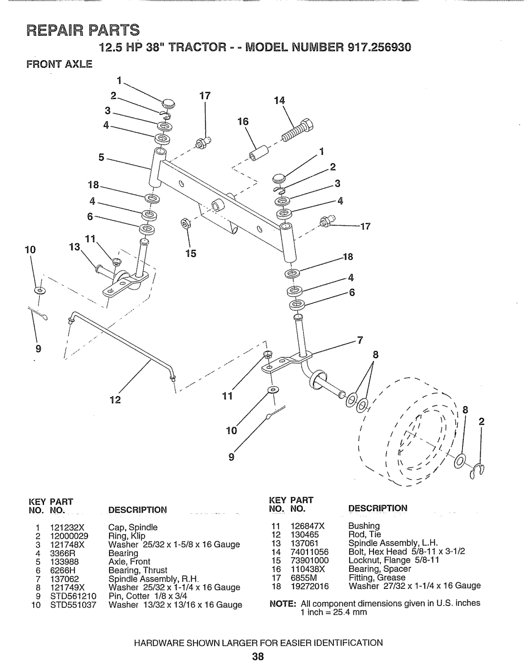 Craftsman 917.25693 owner manual 12.5 HP 38 Tractor = Model Number 9!7.256930, Front Axle, Descrrption KEY Part Description 