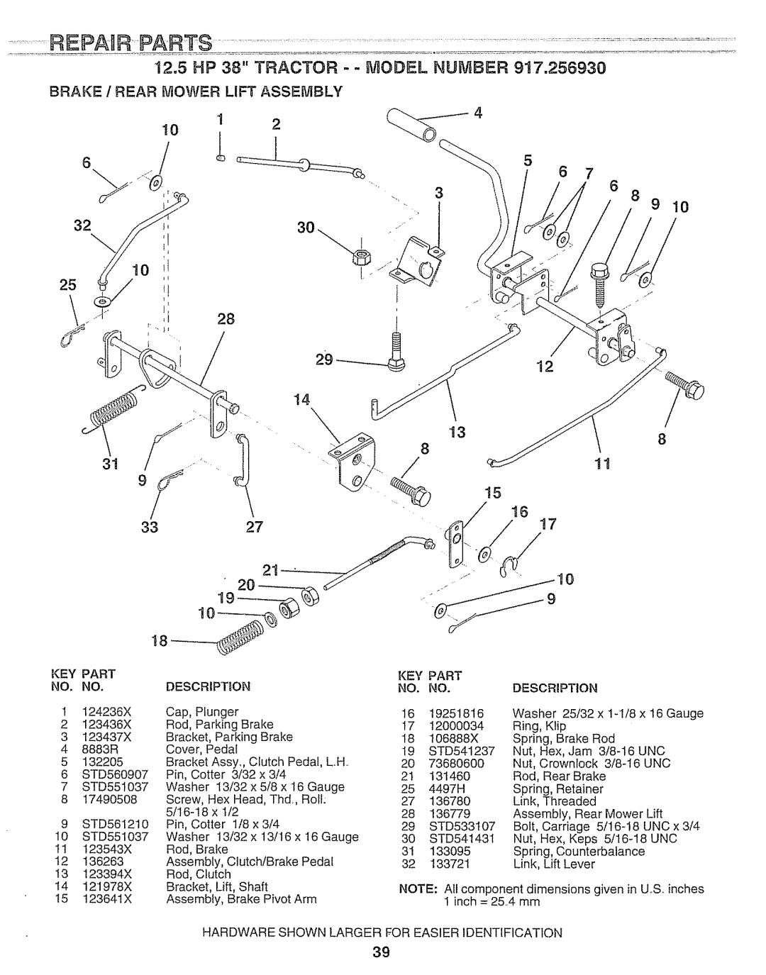 Craftsman 917.25693 owner manual 12.5 HP 38 Tractor - Model Number, Brake / Rear, Mower Lift Assembly, KEY Part 