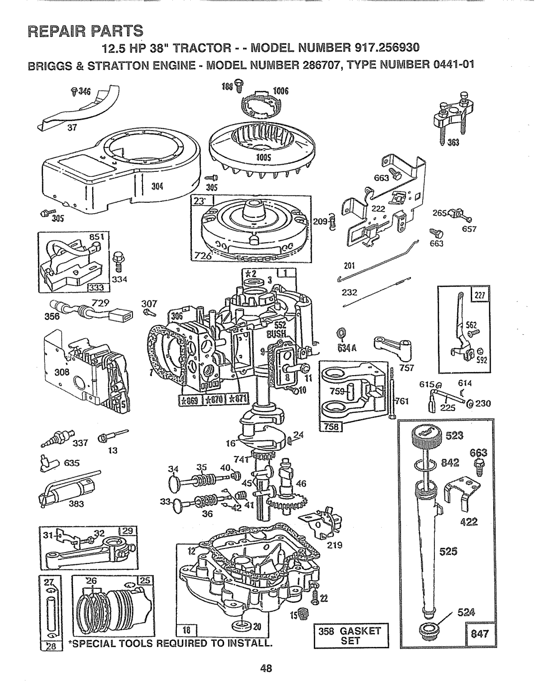 Craftsman 917.25693 owner manual 12.5 HP 38 Tractor ..- Model Number, Special Tools Required to Install 