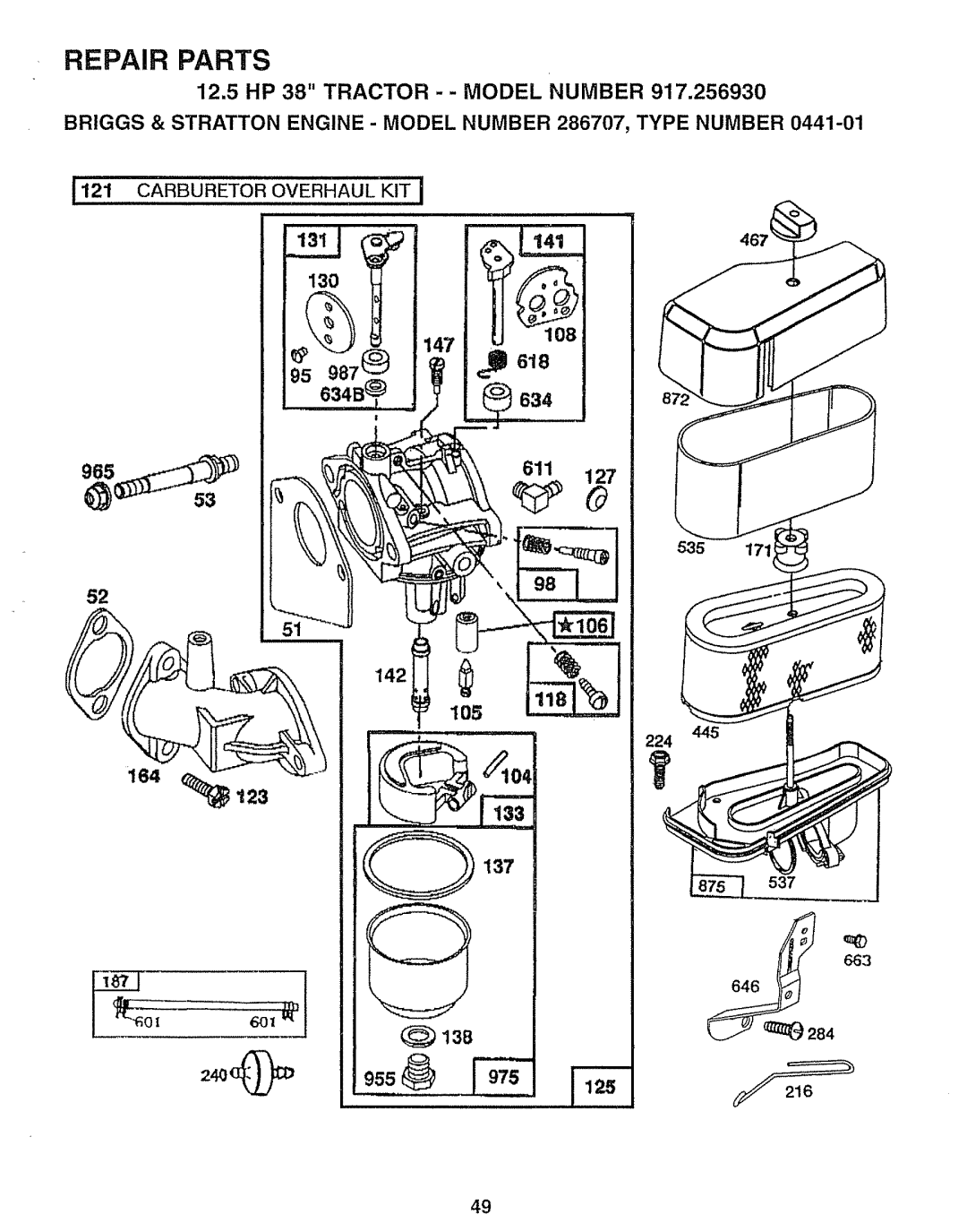 Craftsman 917.25693 owner manual Repair Parts, Carburetor Overhaul KIT 