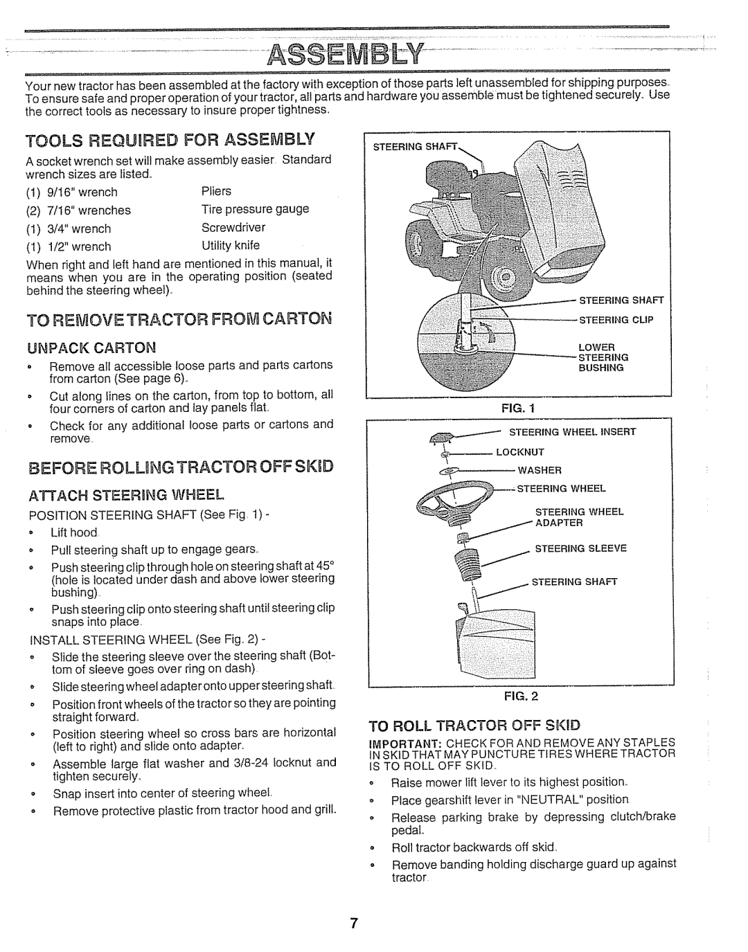 Craftsman 917.25693 Tools Required for Assembly, To Remove Tractor Carton, Before Rolung Tractor OFF SKiD, Unpack Carton 