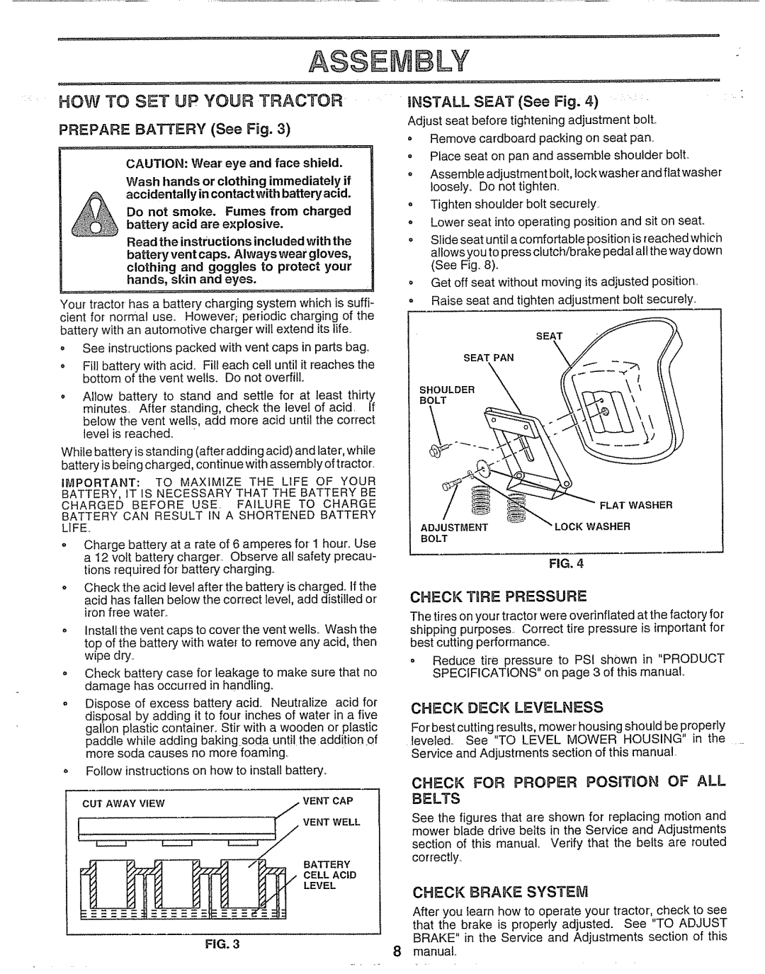 Craftsman 917.25693 HOW to SET UP Your Tractor, Check Tire Pressure, Check Deck Levelness, Belts, Check Brake System 