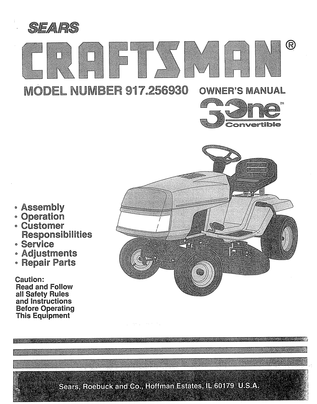 Craftsman 917.25693 owner manual _ODEL UMBER 917,256930 OWNERS MANUAL, o Assembly oOperation o Customer 