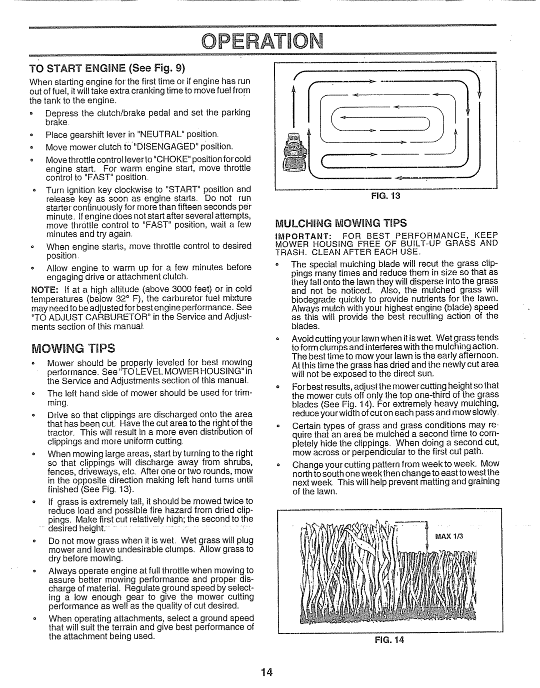 Craftsman 917.25693 owner manual MOWtNG TRPS, TO START ENGBNE See Fig, Mulching Mowhng Tbps 