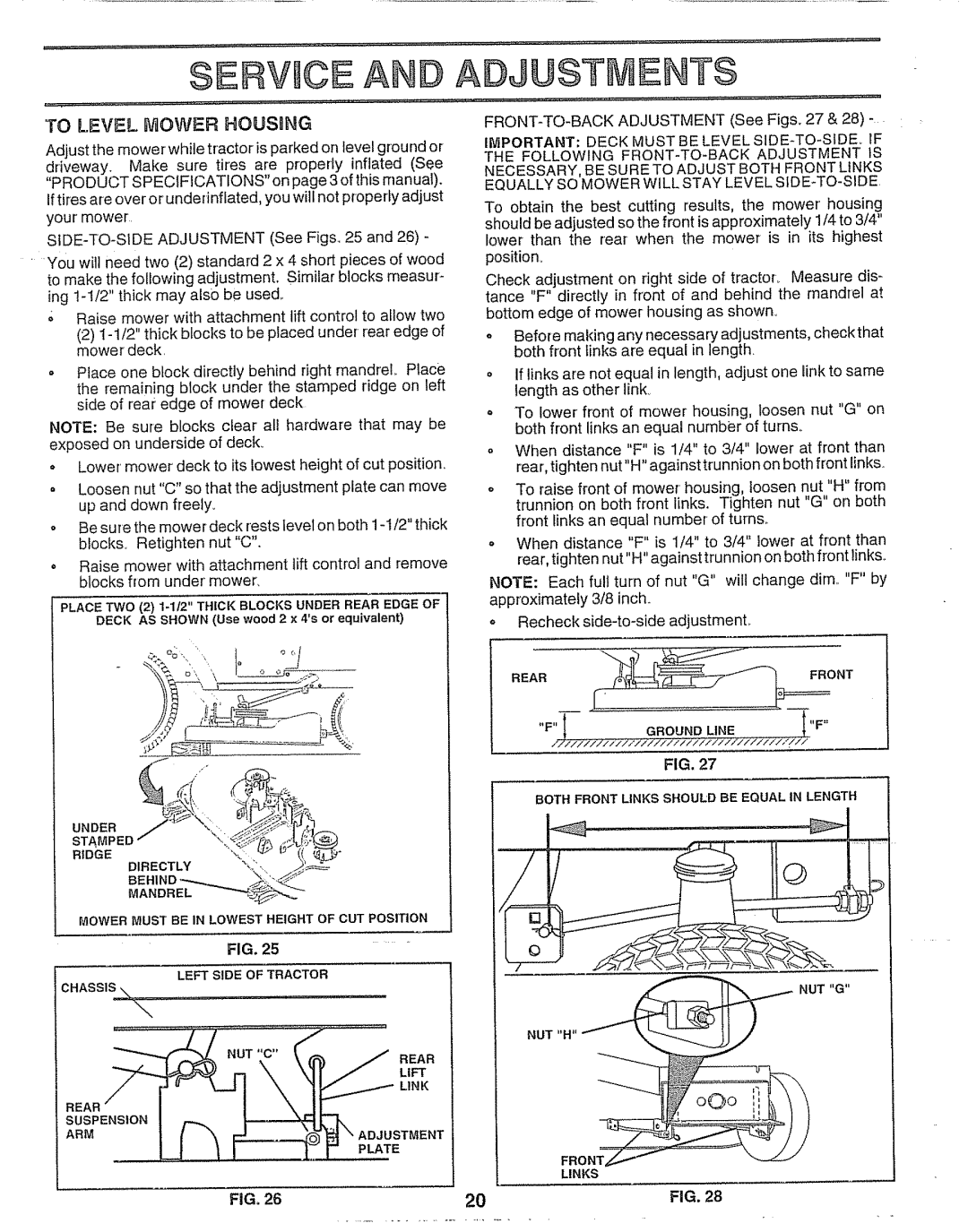 Craftsman 917.25693 owner manual Service And Adjustments, To Level Mower Housbng, Fig 