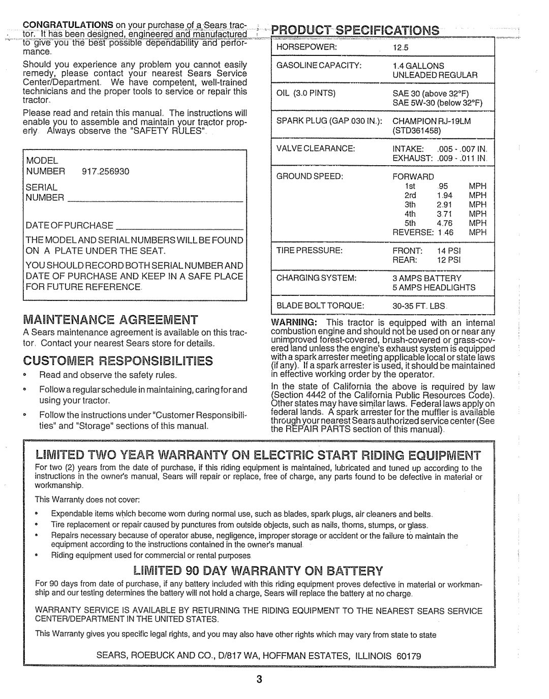 Craftsman 917.25693 owner manual Maintenance Agreement, Custo Er Responskb L T Es, Day Warranty On Battery 