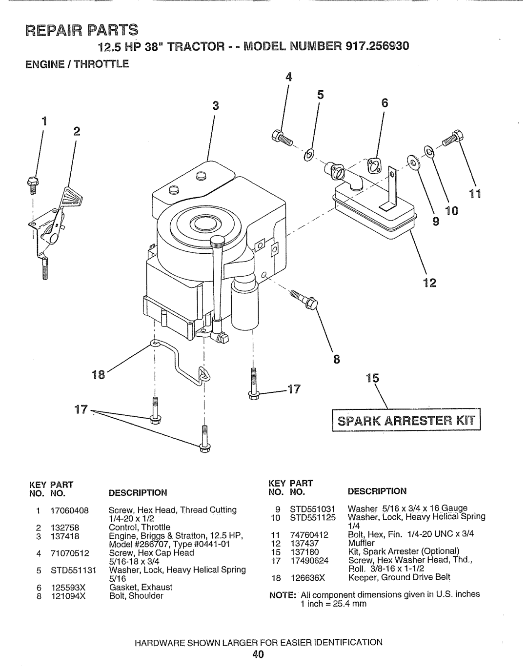 Craftsman 917.25693 Repair Parts, 11 30 9 12, 12.5 HP 38 TRACTOR -..MODEL NUMBER, Engine / Throttle, Description 
