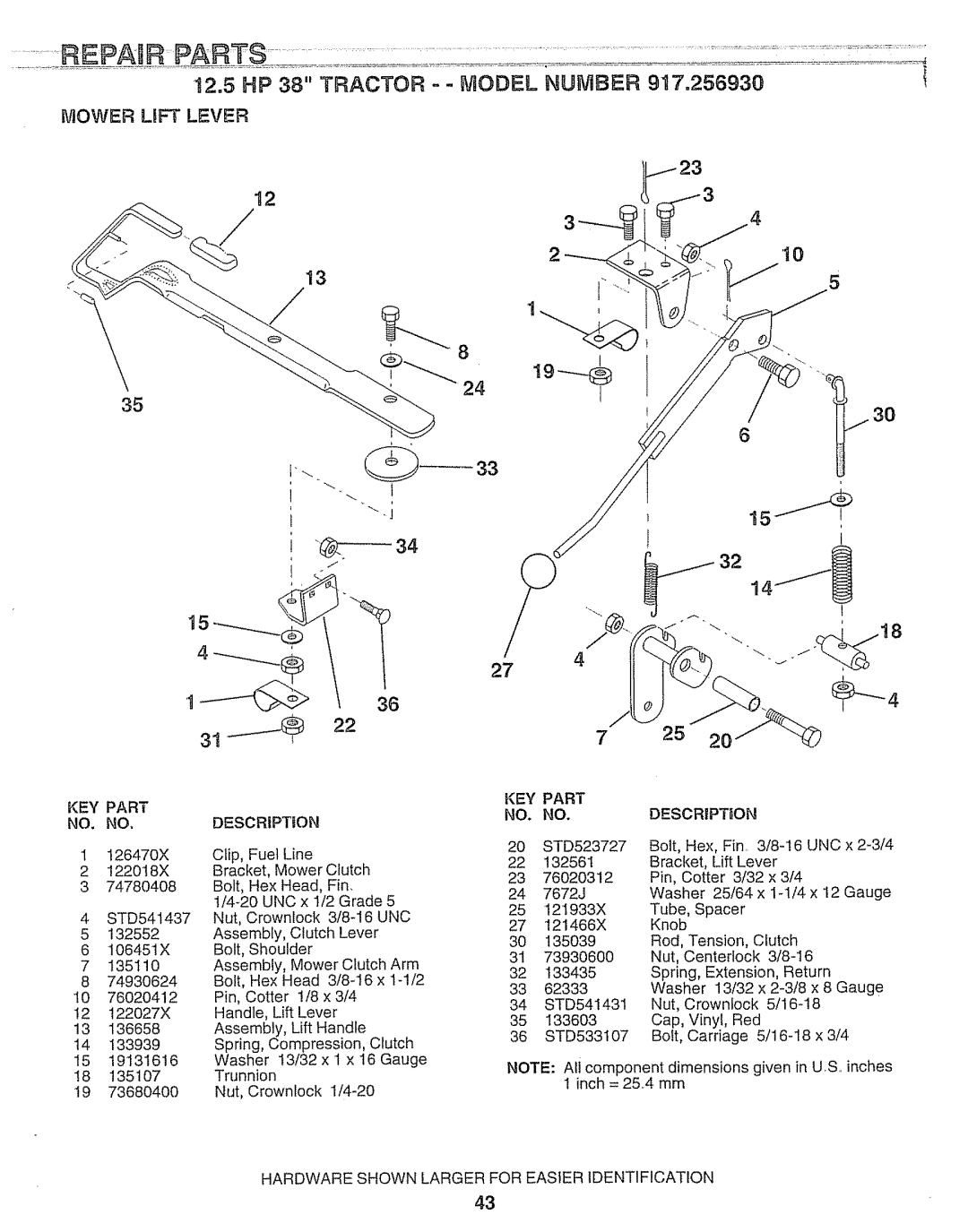 Craftsman 917.25693 owner manual Parts, 31 ---_, ============, 12.5 HP 38 TRACTOR - - MODEL NUMBER, Mower Lift Lever 