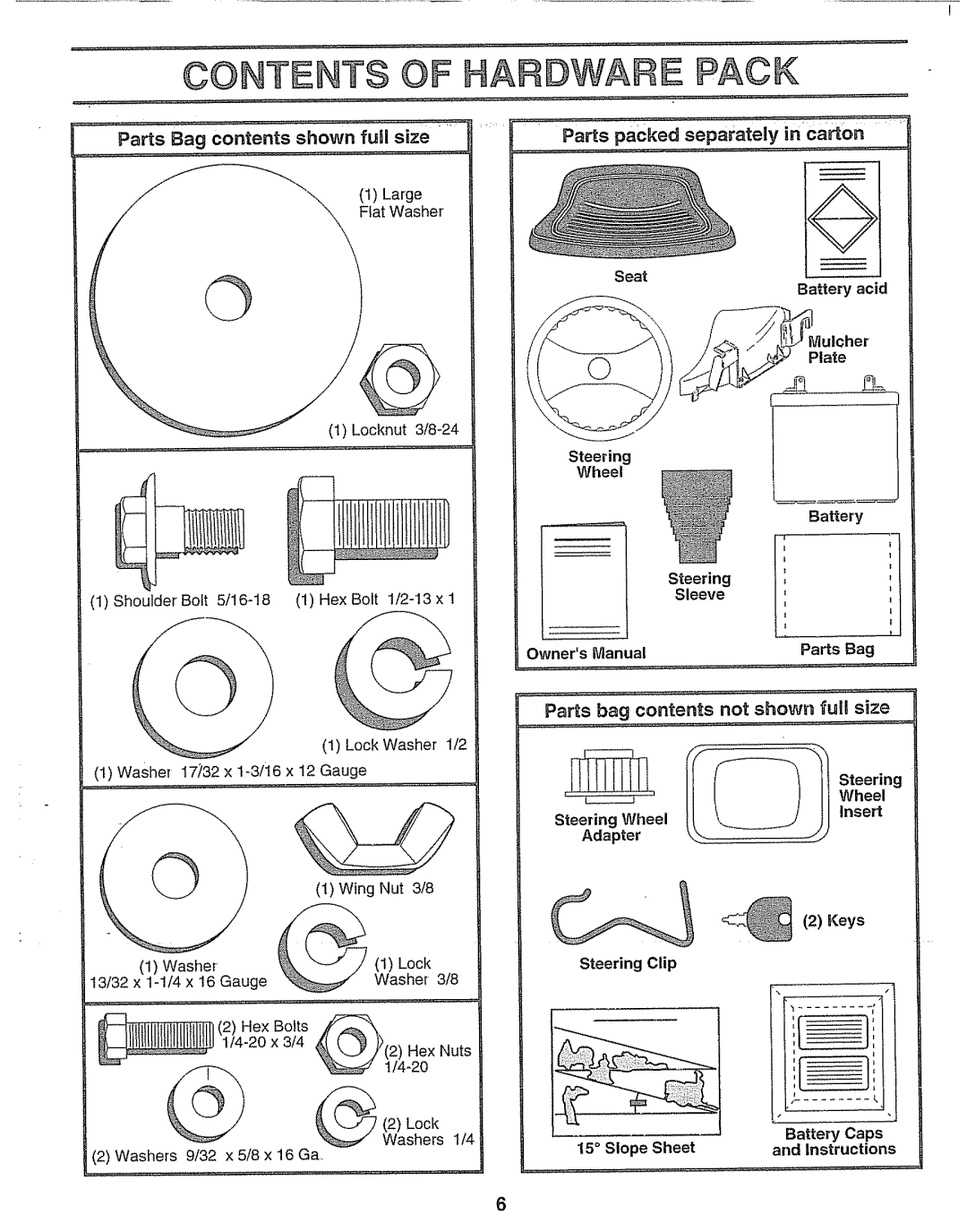 Craftsman 917.25693 Contents Of Hardware Pack, i_L _ Plate, Parts Bag contents shown furl size, Steering Sleeve, Wheel 