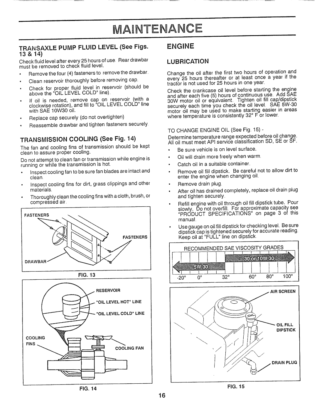 Craftsman 917.25736 owner manual Transaxle Pump Fluid Level See Figs, Recommended SAE Viscosity Grades 