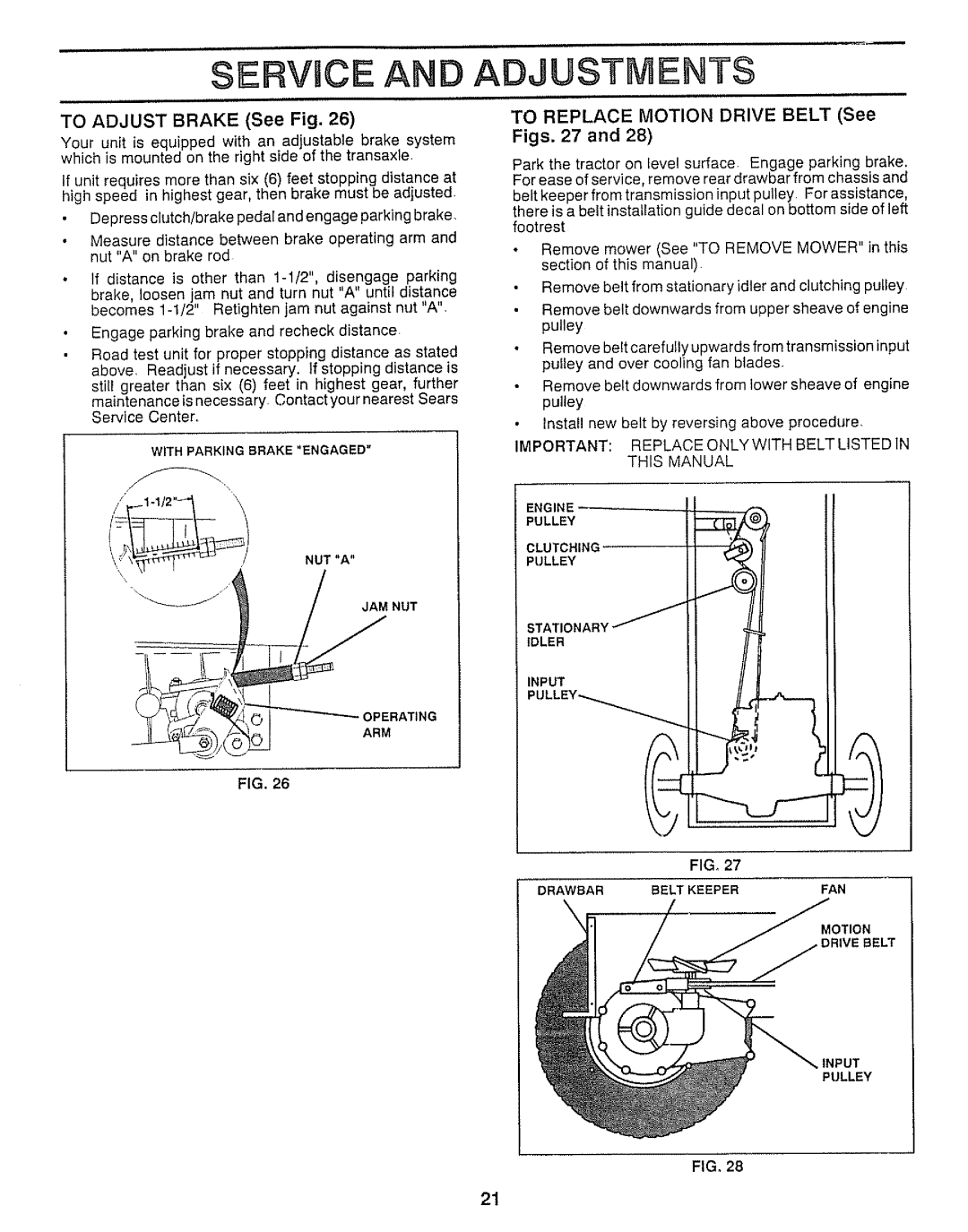 Craftsman 917.25736 owner manual To Adjust Brake See Fig, To Replace Motion Drive Belt See Figs 