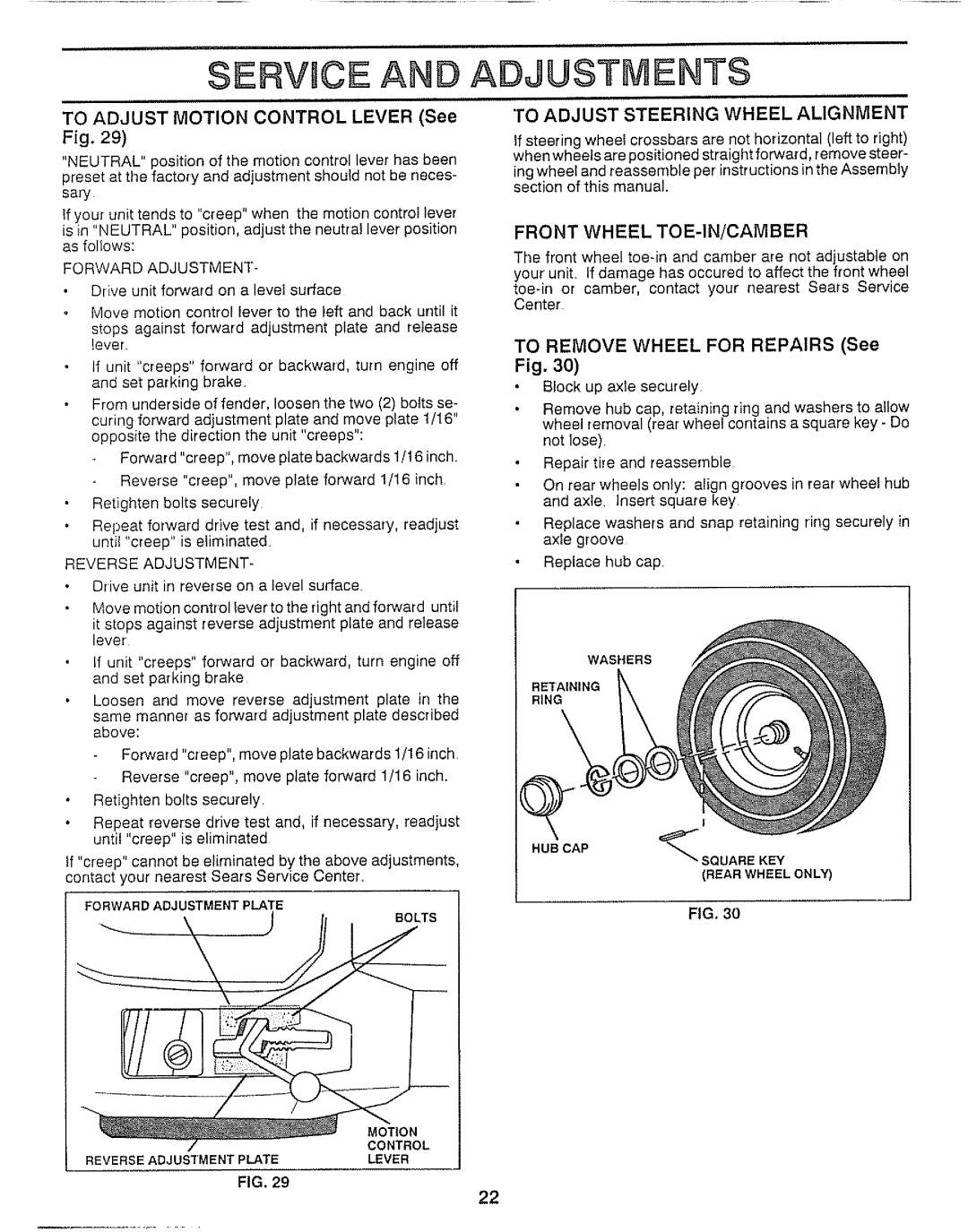 Craftsman 917.25736 Service, Adjustments, To Adjust Motion Control Lever See Fig, To Adjust Steering Wheel Alignment 