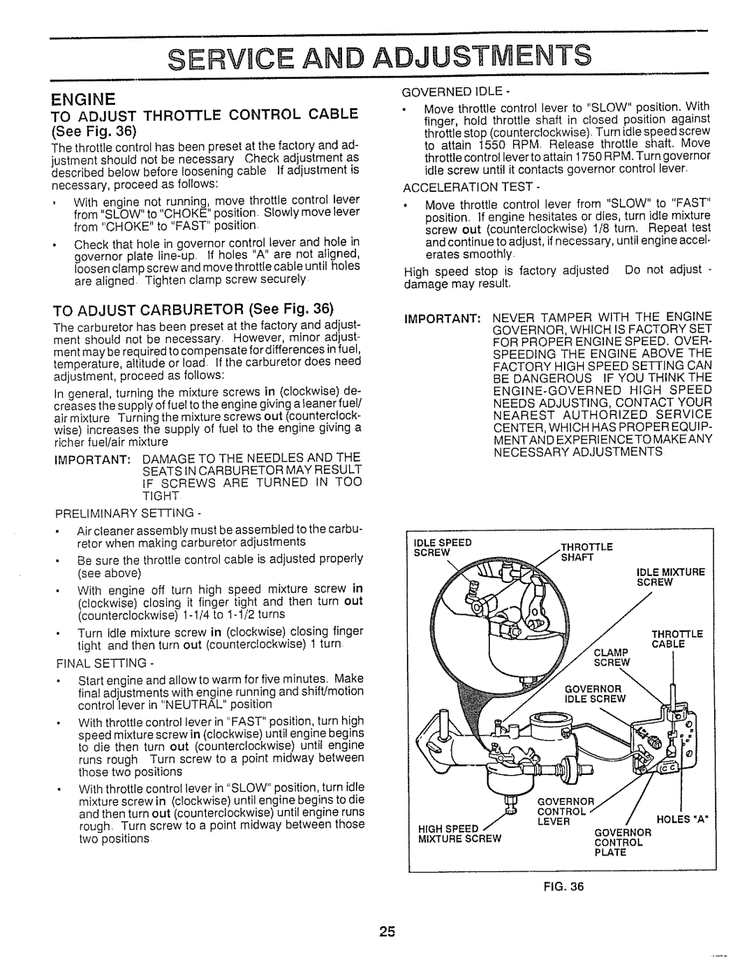 Craftsman 917.25736 Engine, To Adjust Throttle Control Cable See Fig, Final Setting, Governed Idle, Acceleration Test 