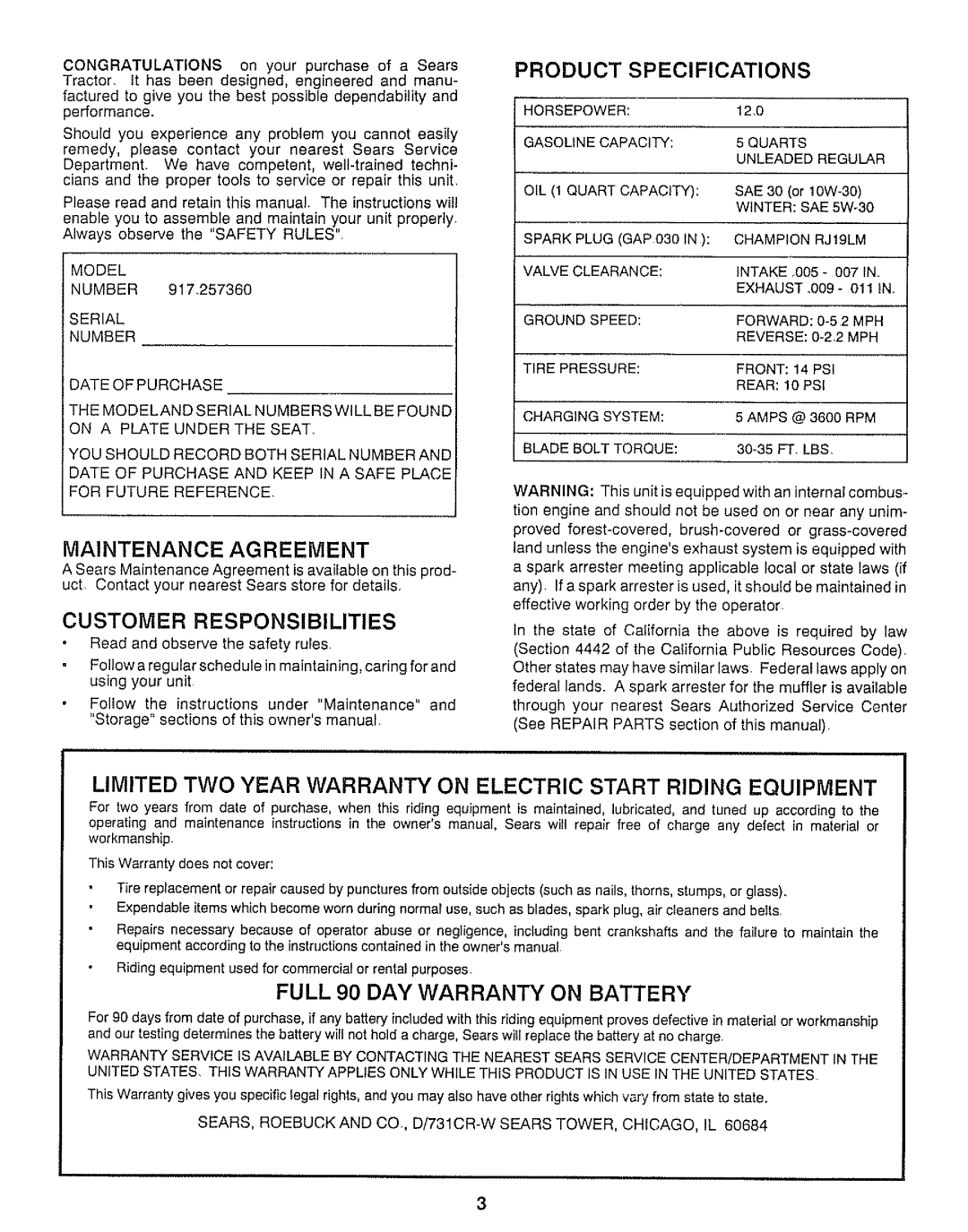 Craftsman 917.25736 owner manual Maintenance Agreement, Customer Responsibilities, Product Specifications 