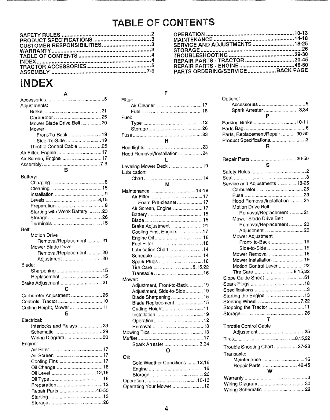 Craftsman 917.25736 owner manual Index 