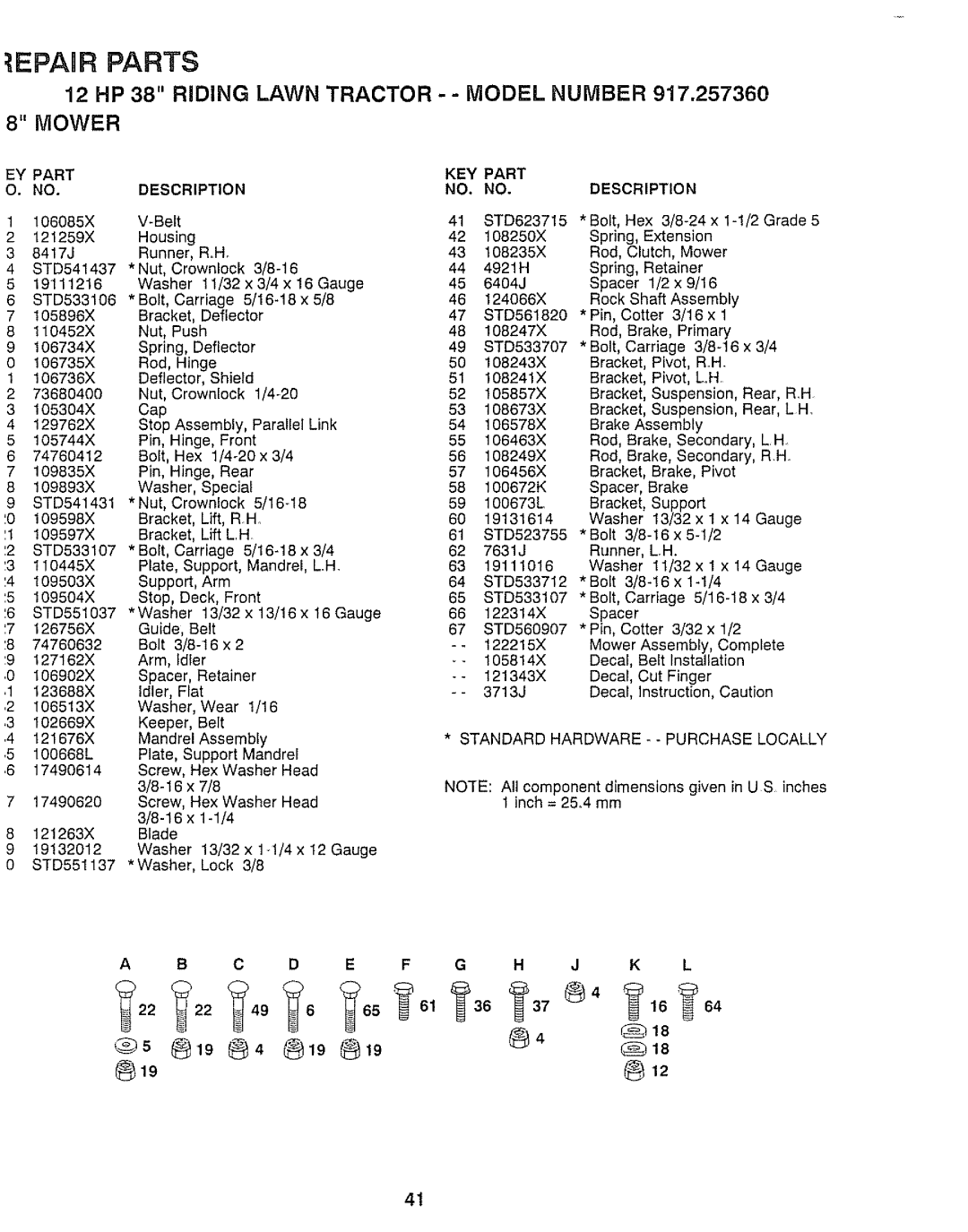 Craftsman 917.25736 owner manual Part KEY Description, C D E F G H J K L 