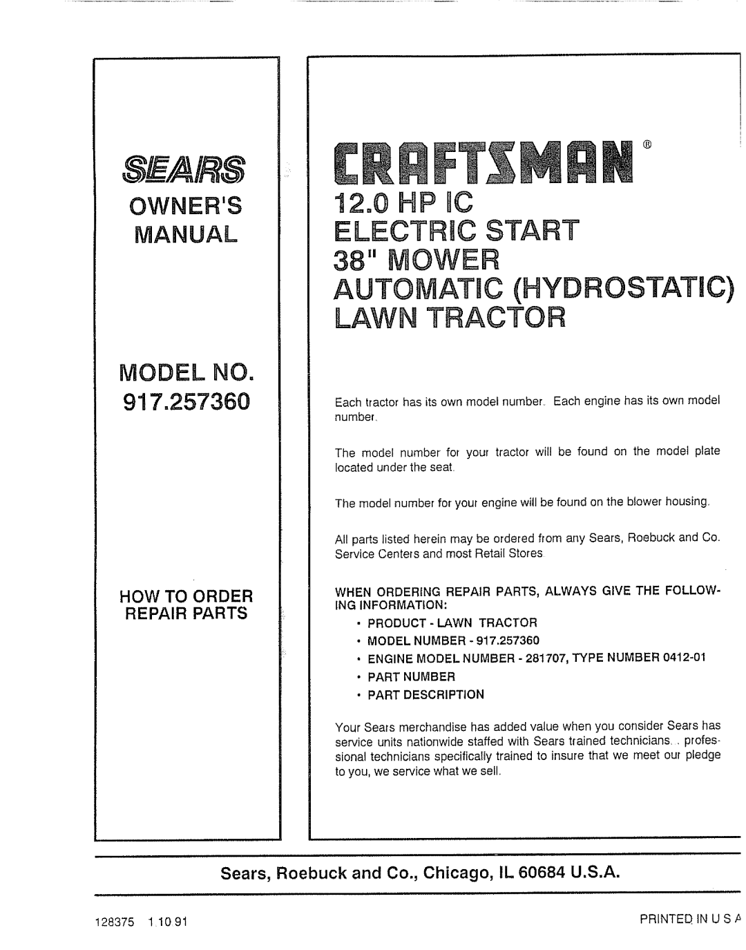 Craftsman 917.25736 owner manual 12,0 HP MC Electric Start 38 Mower, HOW to Order Repair Parts, PRINTE3 in U S 