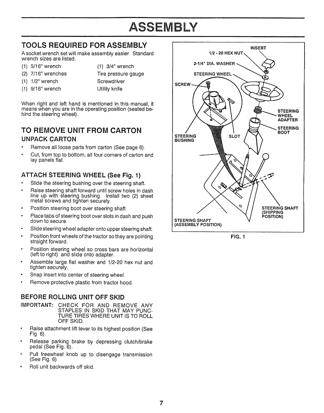 Craftsman 917.25736 owner manual Tools Required for Assembly, To Remove Unit from Carton, Before Rolling Unit OFF Skid 